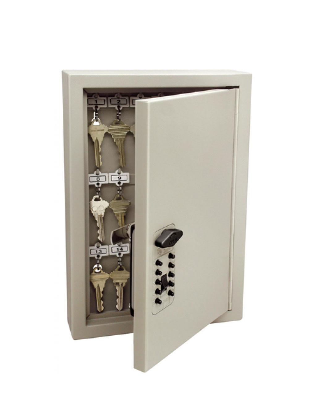 Armoire Keysafe 30 clés à ouverture par code mécanique, ouverte avec des clés suspendues à l'intérieur